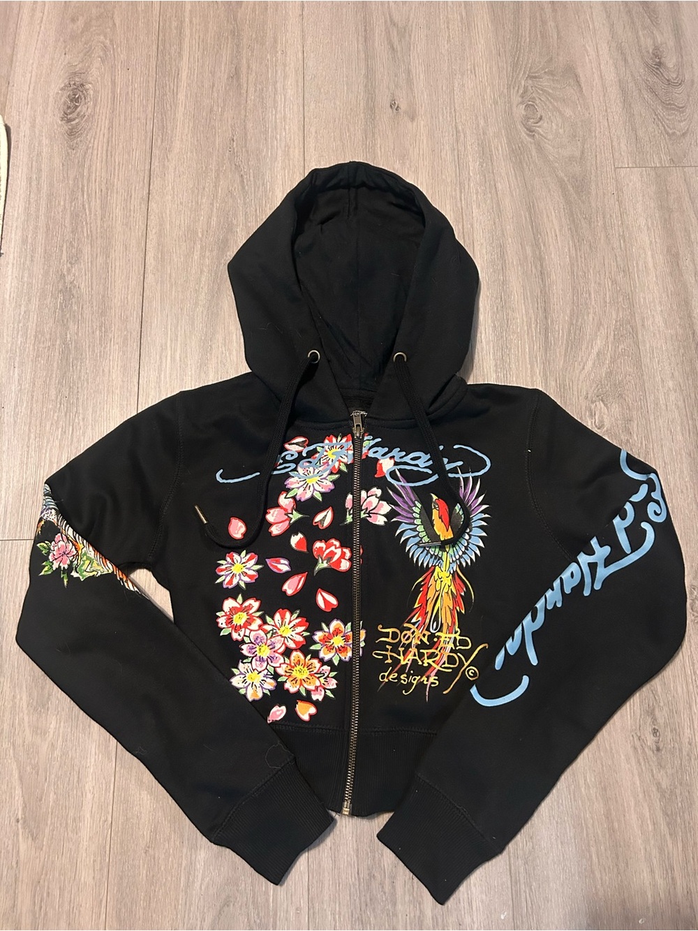 Ed Hardy Black Zip Hoodie with Multicolor Floral & Parrot Graphics